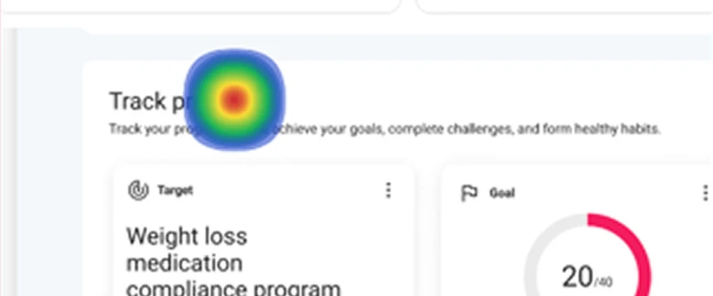 Heatmap of the Track progress widget: clicks land on the title and visuals, not the button.