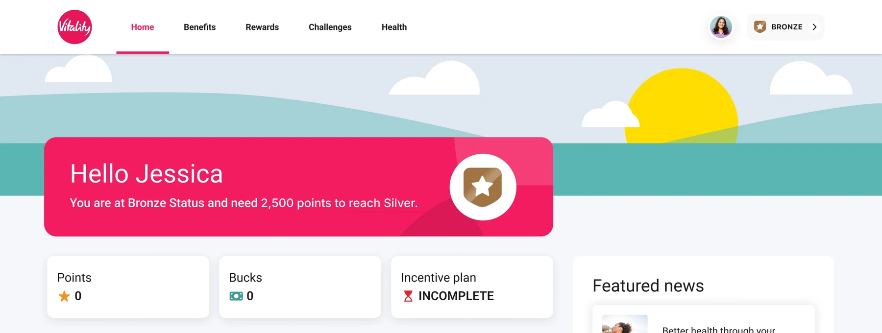 The redesigned homepage header. A cursor hovers the pink greeting card, which grows slightly to show it is clickable, and the enabler bar below shows Points, Bucks, and Incentive plan status.
