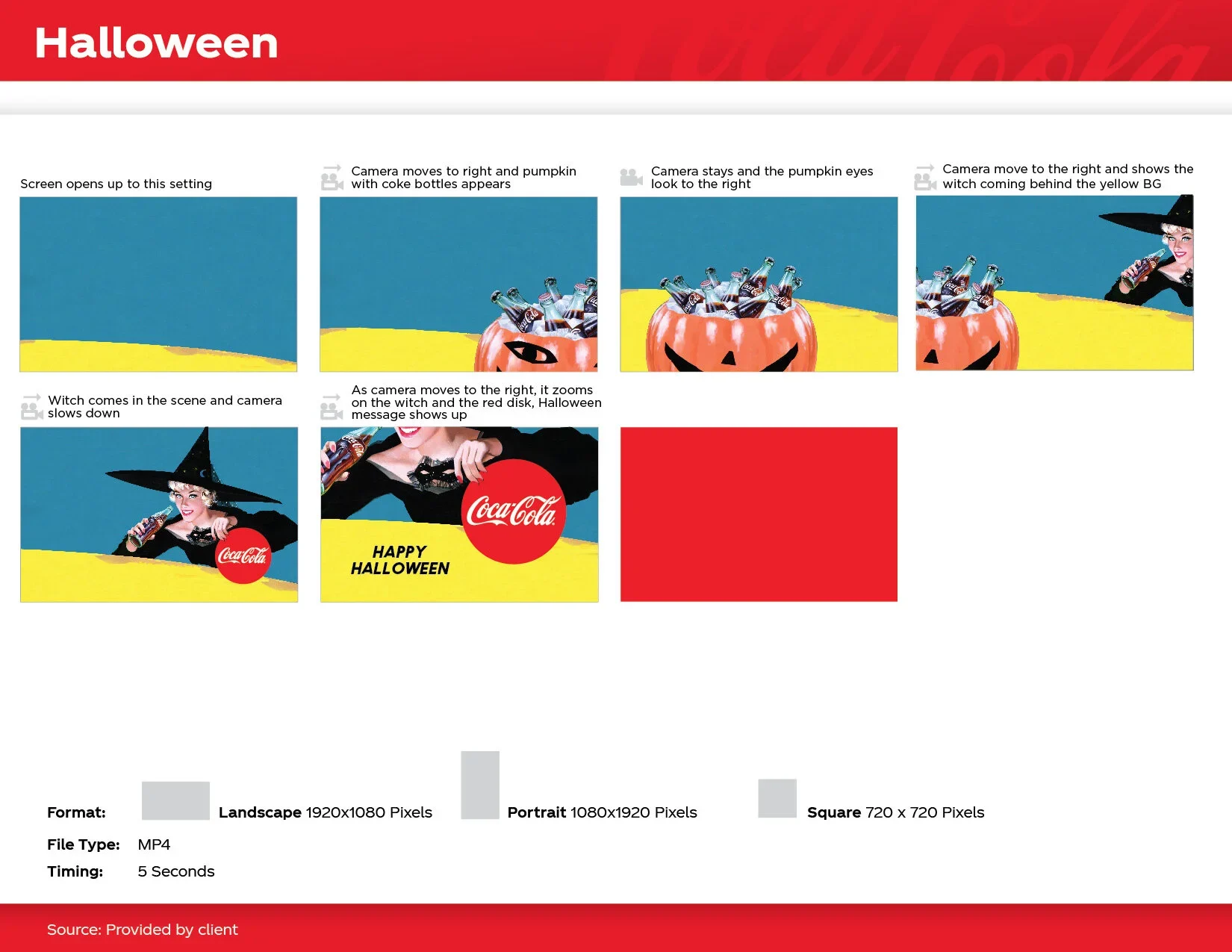Final Halloween storyboard: a pumpkin full of Coca-Cola bottles, a witch drinking a Coke, ending on the red disk with Happy Halloween.